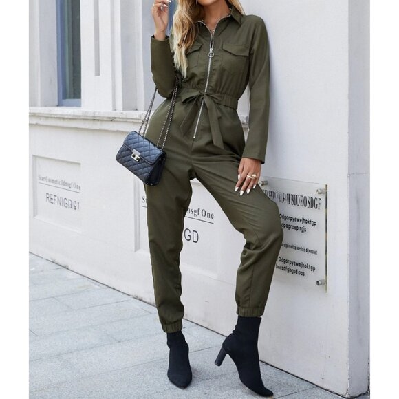 Army Green Zip Front Belted Jumpsuit - Picture 2 of 5